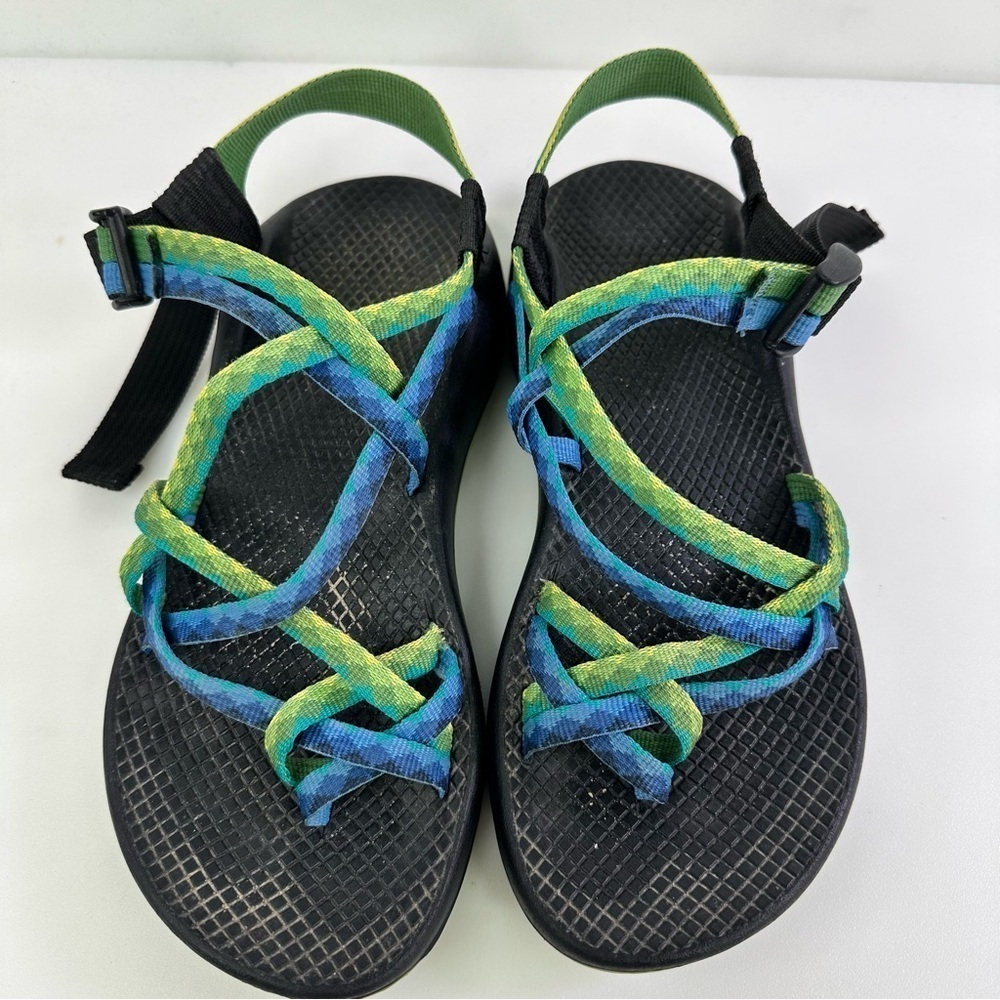 Chaco Women's Green Blue Geometric Adjustable Strappy Sandals - Size 7 - Picture 5 of 8